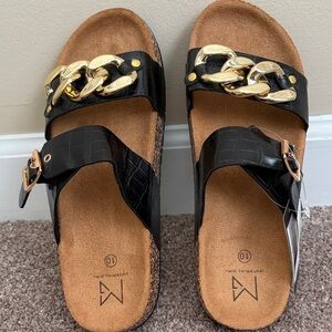 Material Girl Black Slide Sandals with Gold Chain Detail-NWT-Size 10